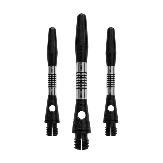 Aste in alluminio Bulls NL Cetra - Nere Das Bild zeigt ein Set von schwarzen Aluminium-Dartschäften. Alle Schäfte haben eine Länge von 34mm.