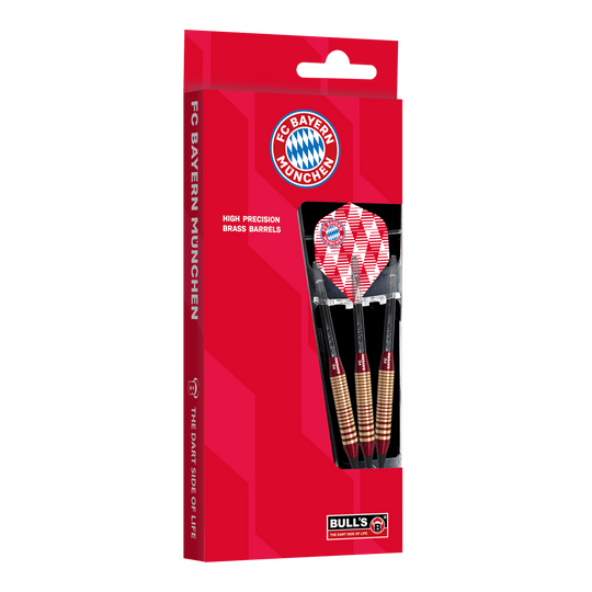 Freccette morbide in ottone Bulls FC Bayern Monaco - 18 g Abgebildet sind die Bulls FC Bayern München Brass Softdarts mit 18g Gewicht. Sie eignen sich für Softdart-Spiele und tragen das Vereinsdesign.