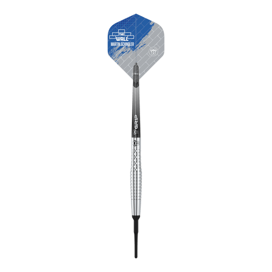 Bulls Martin Schindler Original Generation 2 freccette morbide Das Bild zeigt einen Bulls Martin Schindler Original Generation 2 Softdart. Der Dartpfeil hat ein silbernes, geriffeltes Barrel und ein Flight mit blau-grauem Design.