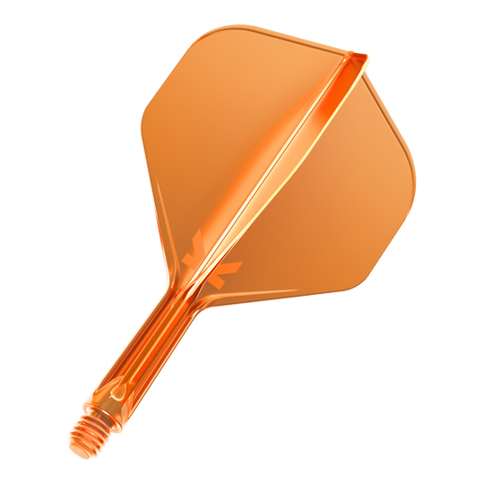 Target K-Flex No2 Standard Flight System - Arancione Neon Dies ist ein neonorangefarbener Dartflight mit einem integrierten Schaft. Er hat eine glänzende Oberfläche und eine standardisierte Form.