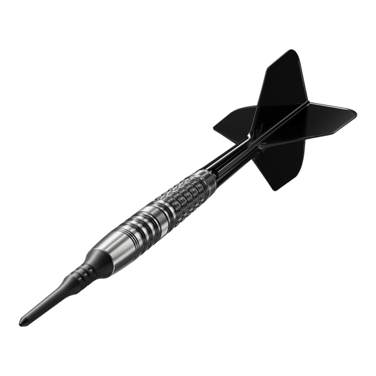 Target Japan Black Marque Lumiere GEN3 Freccette morbide - 18,5 g Das Bild zeigt einen Target Japan Black Marque Lumiere GEN3 Softdart mit einem Gewicht von 18,5g. Der Dartpfeil hat ein elegantes, schwarzes Design und eine strukturierte Griffzone.