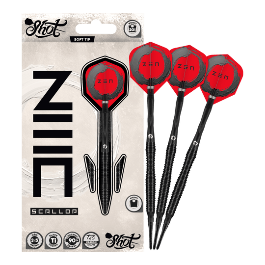 Freccette morbide Shot ZEN Scallop - 20 g Das Bild präsentiert die Shot ZEN Scallop Softdarts - 20g in voller Ansicht. Diese Darts zeichnen sich durch ihre hochwertige Verarbeitung aus.