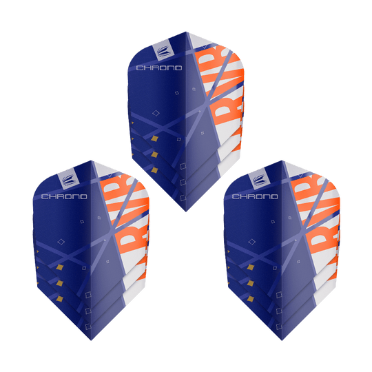 Target Pro Ultra Raymond Van Barneveld Chrono Ten-X Standard Flights - 3 set Das Bild zeigt drei Sätze Target Pro Ultra Raymond Van Barneveld Chrono Ten-X Standard Flights. Die Flights sind überwiegend blau mit weißen und orangefarbenen Akzenten gestaltet.
