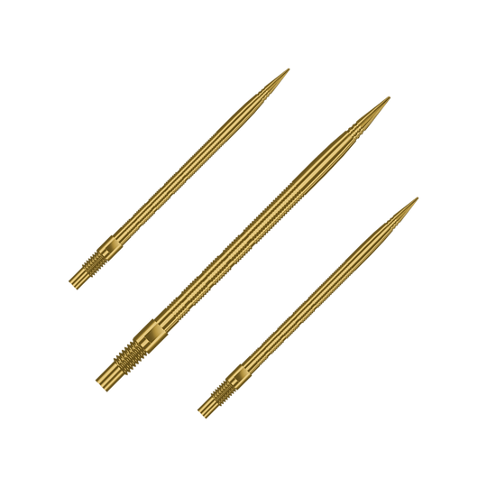 Punte per freccette Harrows Quick Point Micro Ridge - Oro Gezeigt wird ein Set von Harrows Quick Point MicroRidge Dartspitzen in Gold, 40mm. Verschiedene Spitzen sind nebeneinander angeordnet.