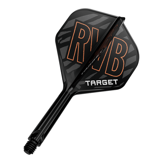 Target K-Flex Raymond Van Barneveld No2 Sistema di albero di volo standard Das Bild zeigt ein schwarzes Dart Flight-Schaft-System mit den Buchstaben „RVB“ in orange. Darunter steht das Wort „TARGET“ in weißen Buchstaben.