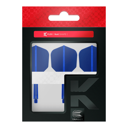 Sistema di volo Target K-Flex No6 - Blu Das Bild zeigt eine Verpackung mit drei blauen Dart-Flights und Shafts. Oben auf der Verpackung steht "K FLEX | No6 SHAPE" und unten ist das Target-Logo zu sehen.