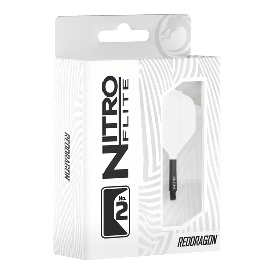 Red Dragon Nitroflite Black Shaft White Flights No2 Abgebildet ist Red Dragon Nitroflite Black Shaft White Flights No2. Zu sehen sind schwarze Dart-Schäfte mit weißen Flights.