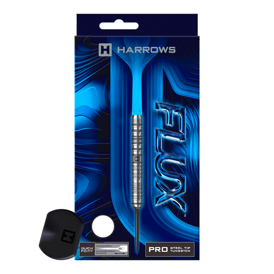 Ein Steeldart aus der Flux Parallel QuickPoint Serie wird gezeigt. Er ist metallisch und filigran.