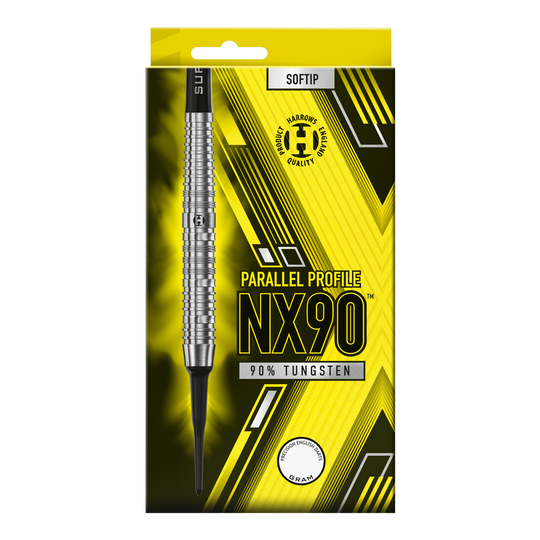 Harrows NX90 Softdarts paralleli Die Abbildung zeigt die Verpackung der Harrows NX90 Parallel Softdarts. Auf der gelb-schwarzen Packung steht, dass die Darts aus 90 % Tungsten bestehen.