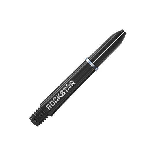 Winmau Joe Cullen Rockstar Nylon Alberi Neri Auf dem Bild ist ein schwarzer Dart-Schaft mit der Aufschrift "ROCKSTAR" zu sehen. Der Schaft hat einen silbernen Ring in der Mitte.