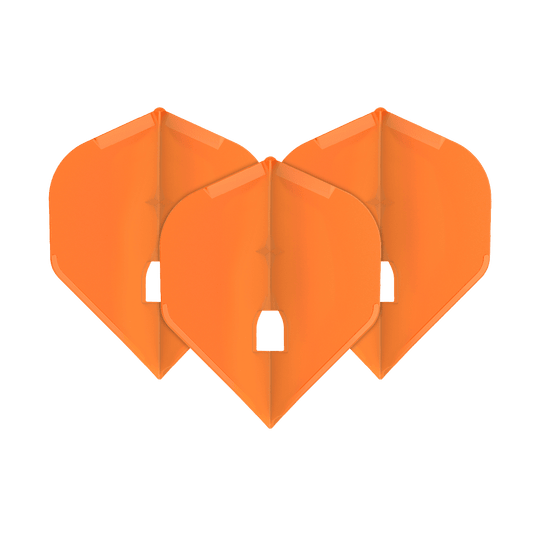 Alette stile L Champagne - L1PRO Standard Das Bild zeigt drei orangefarbene Dart-Flights in Standardform. Sie sind ordentlich nebeneinander angeordnet und haben eine glänzende Oberfläche.
