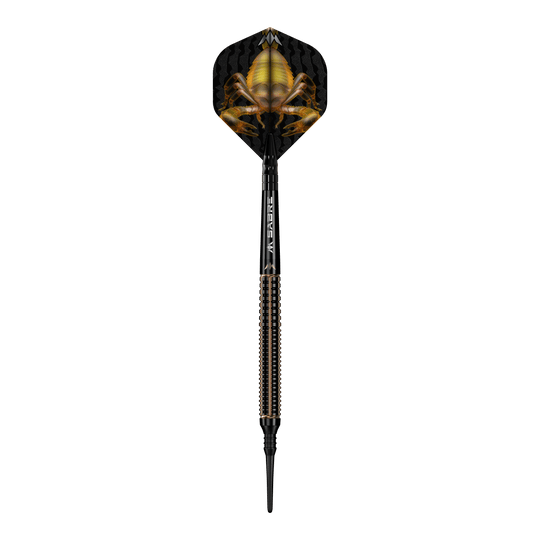 Das Bild zeigt einen Softdart namens "Mission Scorpion Softdarts - 19g". Auf dem Flight ist ein auffälliges Skorpion-Design in Gelb und Schwarz zu sehen.