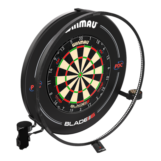 Set di accessori al plasma Winmau Das Bild zeigt das "Winmau Plasma Zubehör Set" für Dartscheiben. Es besteht aus einem beleuchteten LED-Ring und weiterem Zubehör rund um die Dartscheibe.