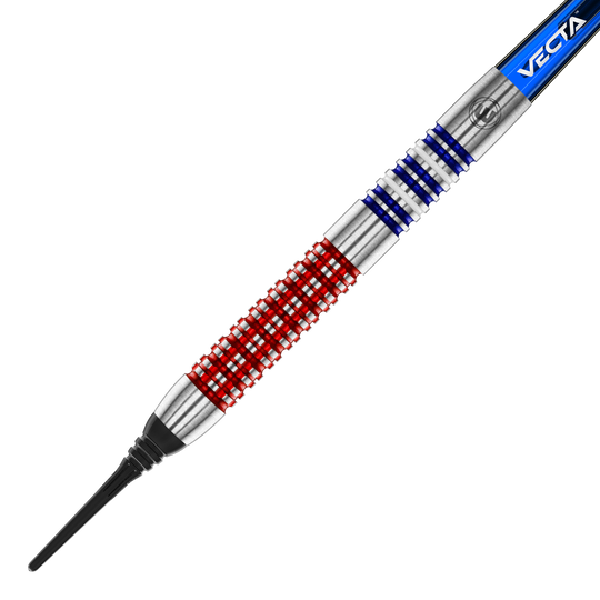 Freccette morbide Winmau Garrett Rakowski - 20g Auf dem Bild ist ein Softdart des Modells "Winmau Garrett Rakowski Softdarts - 20g" zu sehen. Der Dart hat ein auffälliges Design mit roten und blauen Ringen auf dem silbernen Barrel.