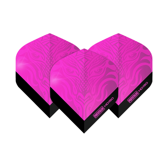 Voli standard Pentathlon HD150 rosa metallizzato Das Bild zeigt drei Pentathlon HD150 Metallic Pink Standard Flights. Die Flights sind leuchtend pink mit einem schwarzen unteren Rand und einem dekorativen Muster.