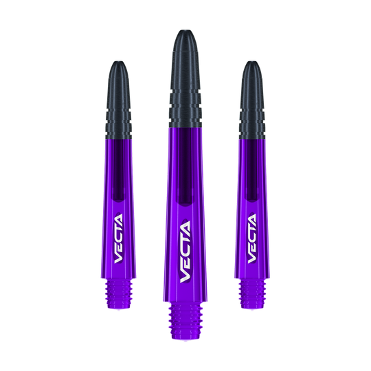Winmau Vecta Shafts - Viola Nero Das Bild zeigt drei violett-schwarze Dartschäfte mit der Aufschrift "VECTA". Sie sind gleich lang und nebeneinander angeordnet.
