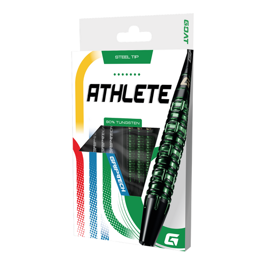 Freccette in acciaio al tungsteno verde GOAT Athlete Dieses Bild stellt die GOAT Athlete Green Tungsten Steeldarts dar. Die Darts heben sich durch ihr grünes Design hervor.