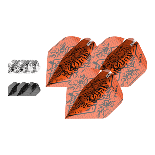 Target Ink Bundle 3 set di alette standard Raymond Van Barneveld No2 Das Bild zeigt drei Sätze Dartflights in verschiedenen Farben und Designs, darunter auffällige orangefarbene Flights mit Tiger-Motiv. Es handelt sich um das Produkt "Target Ink Bundle 3 Sets Raymond Van Barneveld No2 Standard Flights."