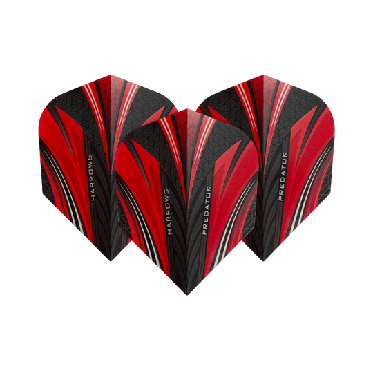 HR7518_Harrows_Prime_Predator_Rot_No2_Standard_Flights_16U3wIPtCBphyV Das Bild zeigt drei Dart-Flights des Modells „Harrows Prime Predator Rot No2 Standard“. Die Flights sind in den Farben Rot, Schwarz und Weiß mit einem modernen Muster gestaltet.
