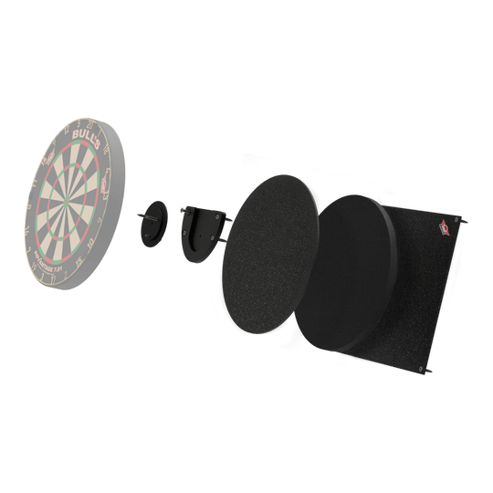 Silenziatore per bersaglio da freccette Bulls NL Das Bild zeigt das Produkt "Bulls NL Dartboard Silencer" in einer Explosionszeichnung. Die verschiedenen Teile sind einzeln dargestellt, darunter das Dartboard und mehrere schallabsorbierende Schichten.