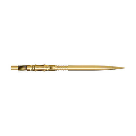 Punte per freccette Harrows Quick Point Axis Elite Series - Oro Zwei lange, goldene Dartspitzen werden seitlich gezeigt. Beide Spitzen liegen parallel auf einer hellen Fläche.