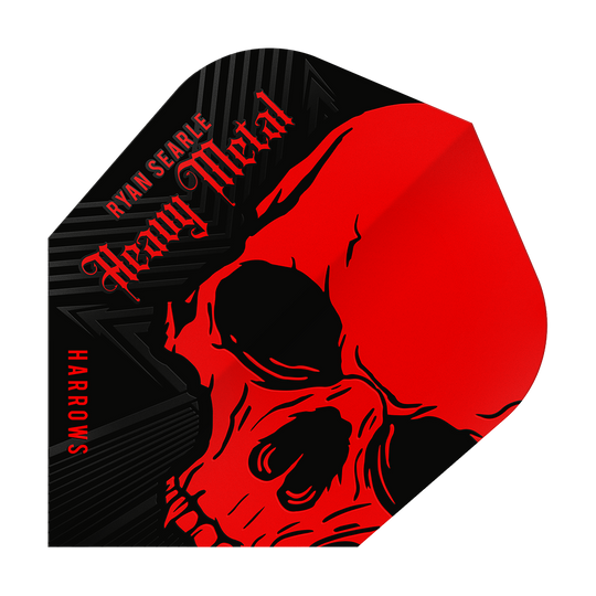 Voli Heavy Metal n. 6 di Ryan Searle di Harrow Das Bild zeigt ein Dart-Flight mit einem auffälligen roten Totenkopf-Design. Oben steht der Name "Ryan Searle Heavy Metal" und an der Seite ist "Harrows" zu lesen.