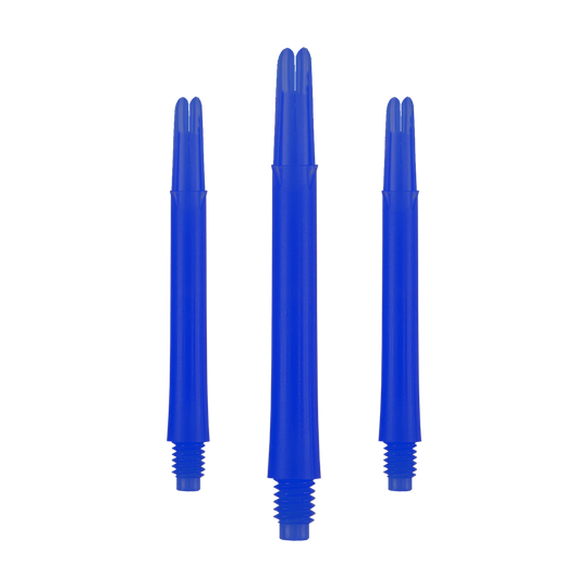 Alberi a L bloccati dritti - Blu Auf dem Bild sind drei blaue, gerade Dartschäfte zu sehen. Sie stehen nebeneinander und haben unten ein Schraubgewinde.