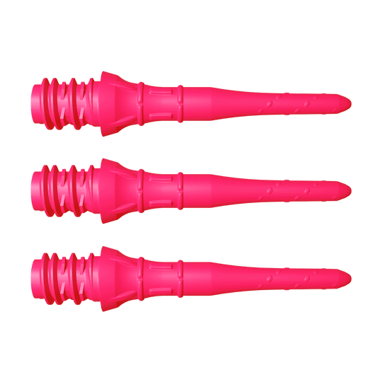 L-Style Premium Lippoints Short (30er Pack) Das Bild zeigt drei kurze, neonpinke Dartspitzen, die nebeneinander liegen. Sie haben ein strukturiertes Gewinde am hinteren Ende und eine glatte, spitz zulaufende Vorderseite.
