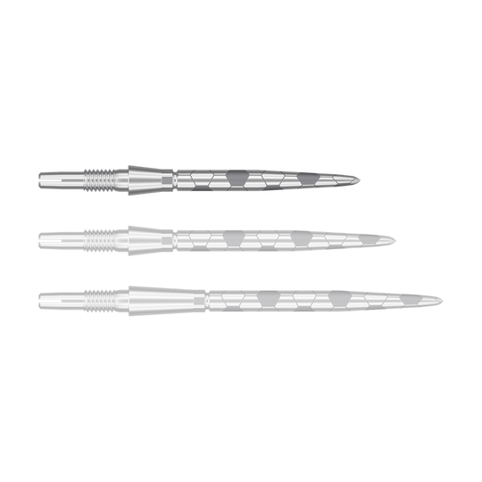 Das Bild zeigt drei silberne Dartspitzen mit einem sechseckigen Muster. Sie sind parallel nebeneinander angeordnet und haben eine glatte, metallische Oberfläche.