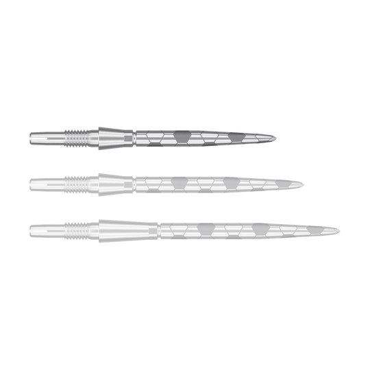 Punte per freccette Target Swiss Storm Onyx Point - Argento Das Bild zeigt drei silberne Dartspitzen mit einem sechseckigen Muster. Sie sind parallel nebeneinander angeordnet und haben eine glatte, metallische Oberfläche.