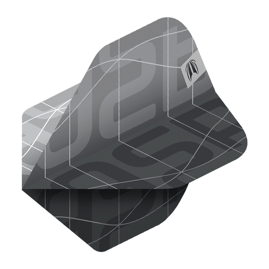 Target Pro Ultra Aspinall X Echo No2 Standard Flights - 3 set Das Bild zeigt ein Set von Target Pro Ultra Aspinall X Echo No2 Standard Flights. Die Flights sind in einem modernen, schwarzen und grauen Design mit geometrischen Mustern gestaltet.
