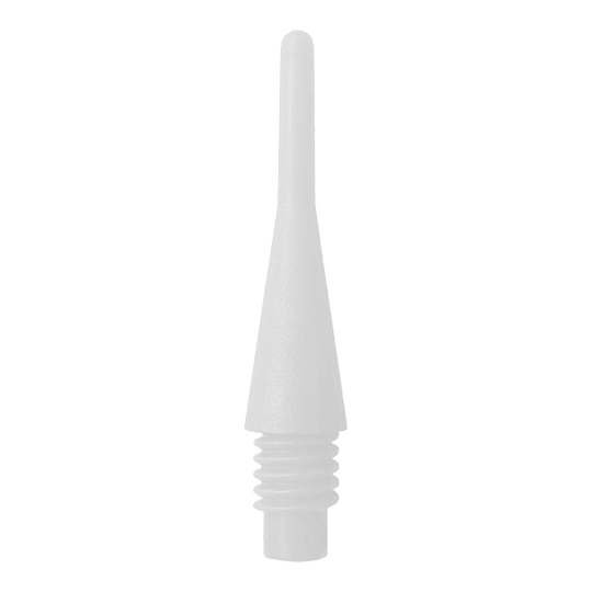 Shorties (200er Pack) - Spitzen Auf dem Bild ist eine weiße Softdartspitze zu sehen. Sie hat ein Gewinde am unteren Ende zum Einschrauben in einen Dart.
