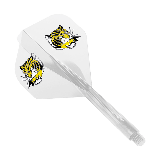 Condor AX Inazuma Tiger Mix Flight System Giallo Trasparente - Standard Das Bild zeigt das Produkt "Condor AXE Inazuma Tiger Mix Flight-System Yellow Clear - Standard". Auf dem weißen Flight sind zwei gelbe Tigerköpfe abgebildet.
