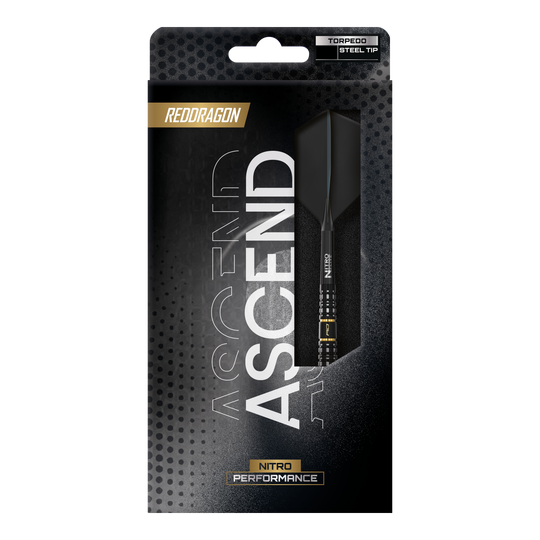 Dargestellt sind die Red Dragon Ascend Torpedo Steeldarts. Das Bild fokussiert auf die Form und Struktur der Darts.
