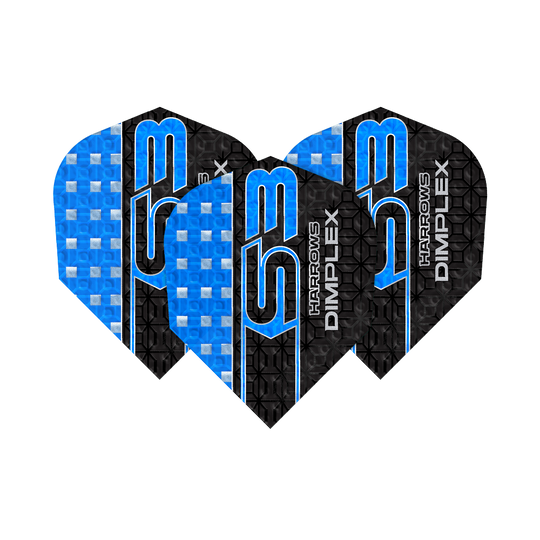 Voli Harrows Dimplex S3 - Blu Das Bild zeigt drei blaue Harrows Dimplex S3 Flights für Darts. Die Flights haben ein auffälliges Design mit blauen und schwarzen Mustern sowie der Aufschrift "S3" und "Dimplex".