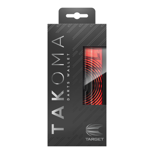 Astuccio per freccette Target Takoma Stephen Bunting Die Abbildung zeigt die Verpackung des Produktes „Target Takoma Stephen Bunting Dartcase“. Das Etui ist rot-schwarz gestaltet und befindet sich in einer eleganten, schwarzen Box mit Sichtfenster.