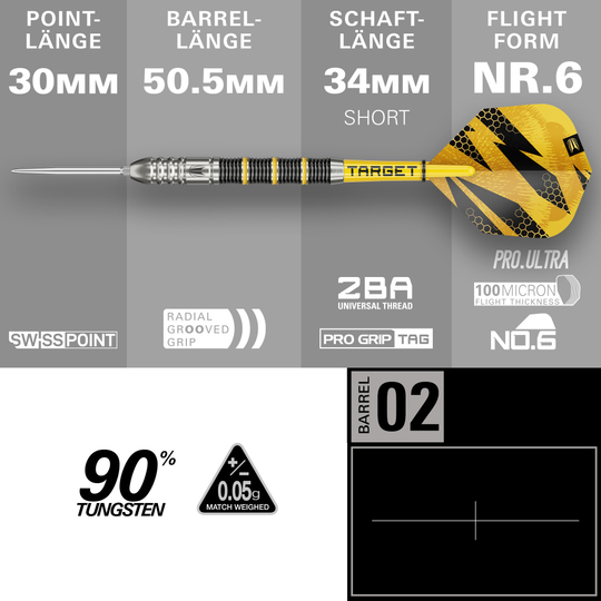 Freccette in acciaio Target Buzz 02 Swiss Points Hier sieht man die Target Buzz 02 Swiss Points Steeldarts. Die Darts sind deutlich und im Detail abgebildet.