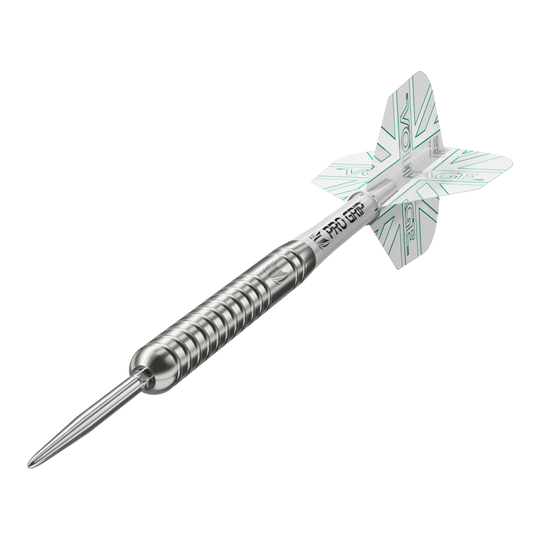 Freccette in acciaio Target Rob Cross Voltage Swiss Point Das Bild zeigt einen Target Rob Cross Voltage Swiss Point Steeldart. Der Dartpfeil ist silbern und hat weiße Flights mit grünen Akzenten.