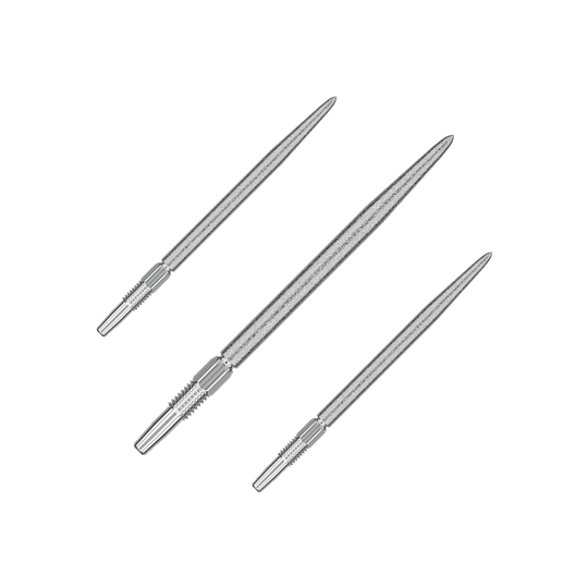 Das Bild zeigt drei silberne Dartspitzen, die nebeneinander angeordnet sind. Sie haben eine spitze Form und sind aus Metall gefertigt.
