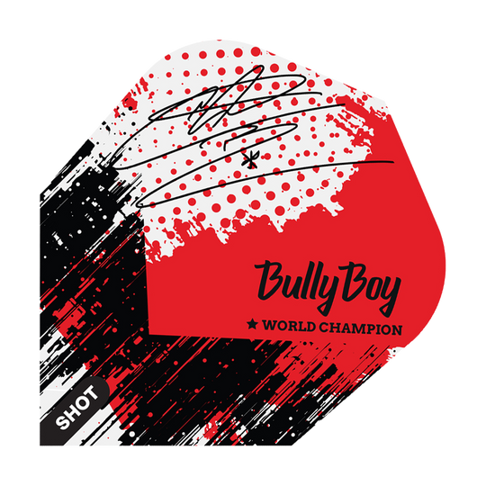Shoto con l'arco Michael Smith Bully Boy Game Day No6 Flights Das Bild zeigt ein Dart-Flight mit einem modernen, rot-schwarzen Design und einem Autogramm. Auf dem Flight steht "Bully Boy" und "World Champion" sowie das Markenlogo "Shot".