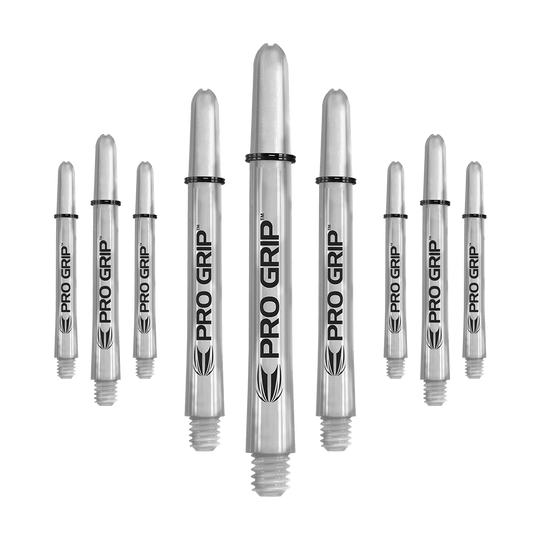 Target Pro Grip Shafts - 3 set - Trasparente Das Bild zeigt neun transparente Pro Grip Shafts für Dartpfeile. Die Shafts haben eine Länge von 48 mm und sind mit schwarzem Schriftzug und Logo versehen.
