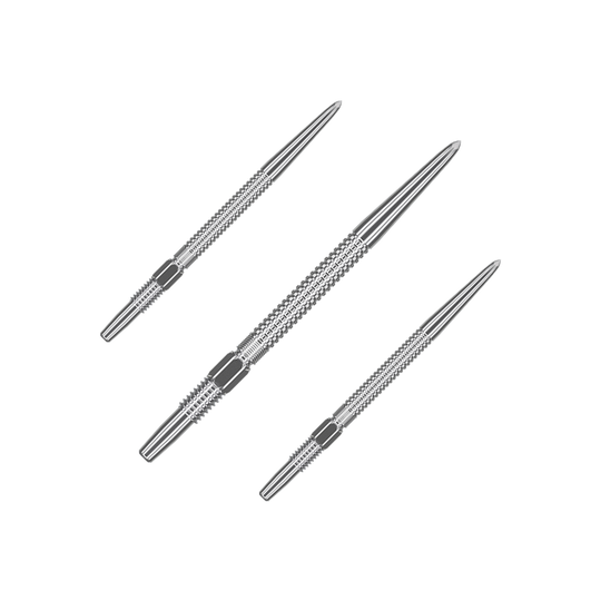 Punte per freccette Target Swiss Point GRD Silver Das Bild zeigt drei silberne Dartspitzen des Produkts "Target Swiss Point GRD Silver Dartspitzen". Sie sind schlank, aus Metall gefertigt und haben eine strukturierte Oberfläche für besseren Halt.