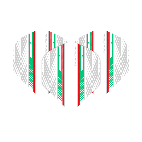 Voli Pentathlon bianchi/verdi/rossi Das Bild zeigt die "Pentathlon White Green Red No2 Standard Flights" für Dartpfeile. Die Flights sind weiß mit auffälligen grünen, roten und silbernen Streifen gestaltet.
