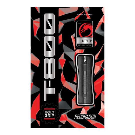 Dardi d'acciaio Red Dragon T-800 Die Abbildung zeigt die Verpackung der Red Dragon T-800 Steeldarts. Das Design ist schwarz mit roten und silbernen Akzenten, und der Dartpfeil ist in der Mitte sichtbar.