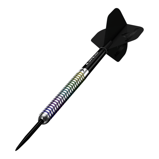 Freccette in acciaio Mission Mirage Mission Mirage Steeldarts sind Profi-Darts für anspruchsvolle Spieler. Die Abbildung präsentiert das Set aus mehreren Perspektiven.