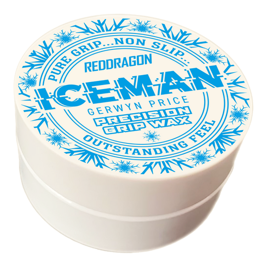 Cera per dita Red Dragon Gerwyn Price Iceman Precision Grip Wax Das Bild zeigt eine weiße Dose mit der Aufschrift „Red Dragon Gerwyn Price Iceman Precision Grip Wax“. Auf dem Deckel sind blaue Schneeflocken und Werbeslogans wie „Pure Grip… Non Slip… Outstanding Feel“ abgebildet.