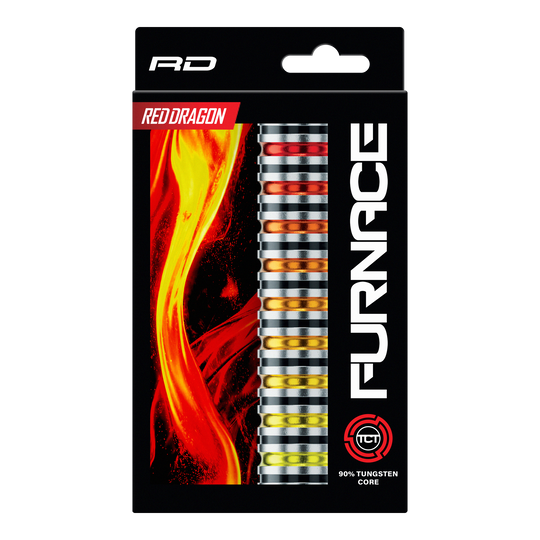 Dardi in acciaio della fornace del Red Dragon Abgebildet sind die Red Dragon Furnace Steeldarts. Die Darts liegen nebeneinander und zeigen ihr markantes Design.