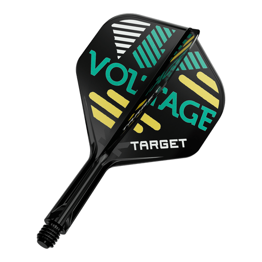 Sistema di alberi di volo standard Target K-Flex Rob Cross No2 Das Bild zeigt ein Dartflight- und Shafts-Set in Schwarz mit bunten grafischen Elementen und der Aufschrift „VOLTAGE“ sowie „TARGET“. Das Design besteht aus gelben, grünen und weißen Streifen auf den Flügeln des Flights.