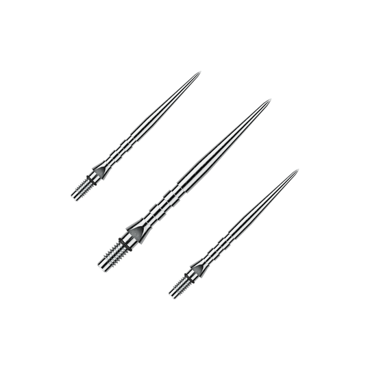 Das Foto stellt ein Set von Winmau Switch Point Groove Steeldartspitzen mit 30mm Länge dar. Mehrere silberne Spitzen liegen nebeneinander.