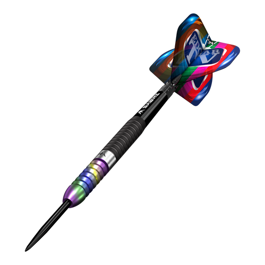 Missione Matt Edgar Steeldarts Dieses Bild zeigt einen Mission Matt Edgar Steeldart. Der Dartpfeil hat einen bunten Schaft und eine auffällige, farbenfrohe Flight.